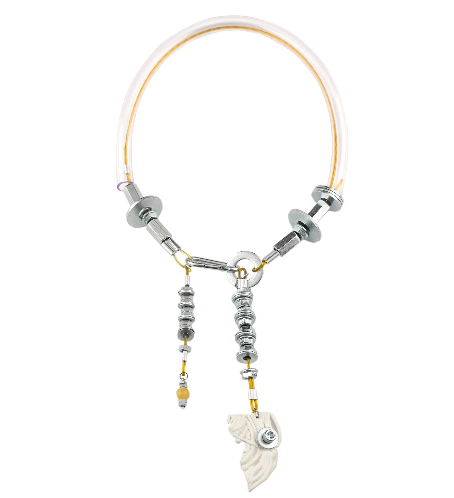 We craft the strongest base for all your experiences and keep them safely. So it consists of building materials such as screws, cable covered by plastic and transperant plastic tube. The white detail is also handmaded and carefuly made of melted plastic. Necklace is also decorated with Baltic Amber. Every Mellow piece has it's own life code, so do this one - N4/018. As well it means this product is one of the kind.
