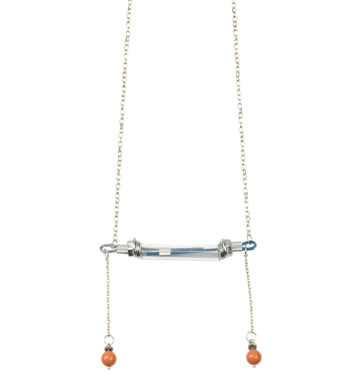 We craft the strongest base for all your experiences and keep them safely. It consists of building materials such as screws, metal cable covered with light blue/nude plastic and transparant tube. Also decorated with orange Swarovski pearls. The length of chain is about 70 cm. Every Mellow piece has it's own life code, so do this one - P6/007