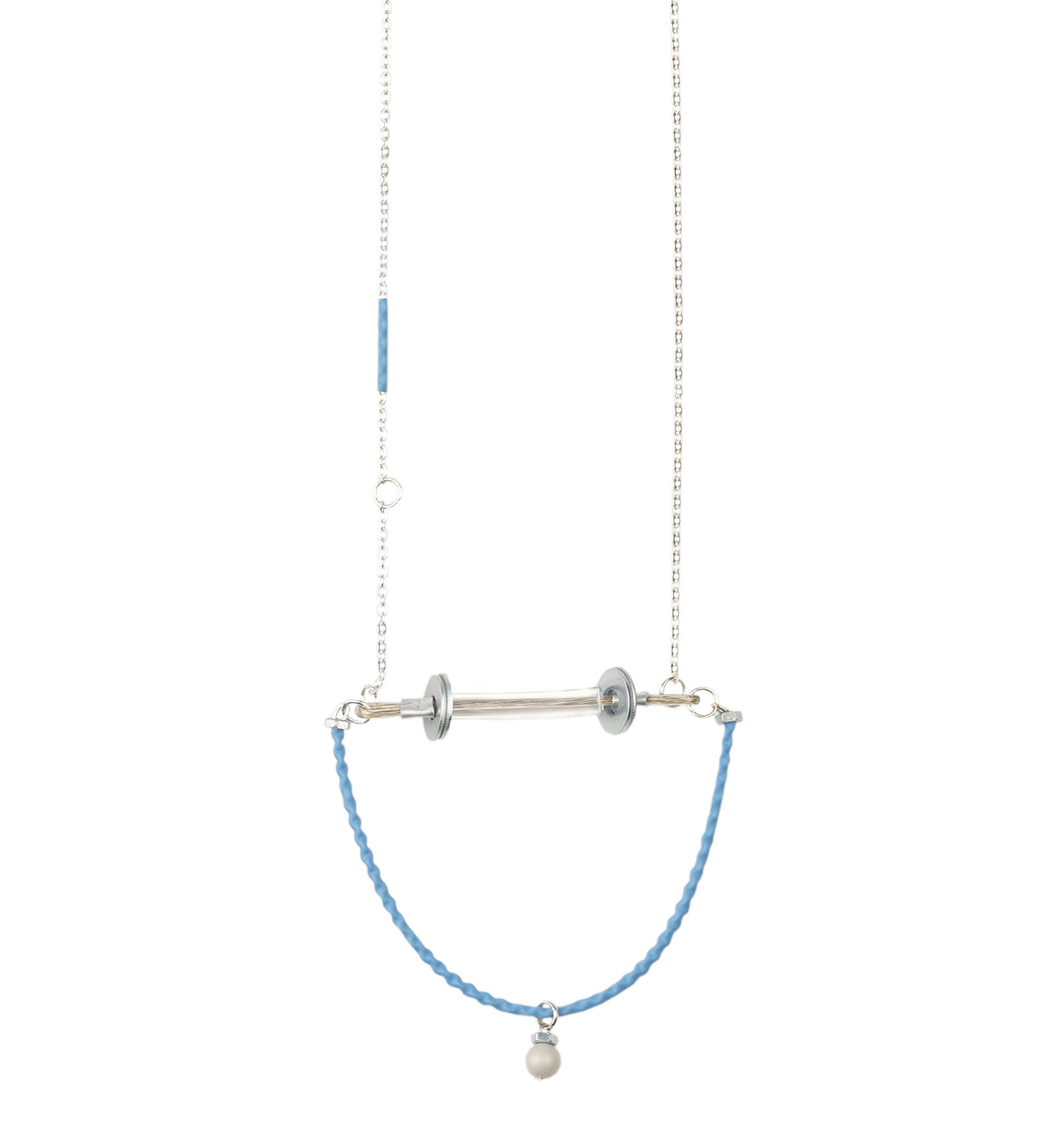 We craft the strongest base for all your experiences and keep them safely. These unique industrial design subversive jewellery piece consists of building materials such as screws, cable covered by blue plastic. The length of chain is about 70 cm. Decorated with light grey Swarovski pearl. Every Mellow by Melita Rus pendant has it's own life code, so do this one - P6/019.  jewelry Collection 'She's'18'